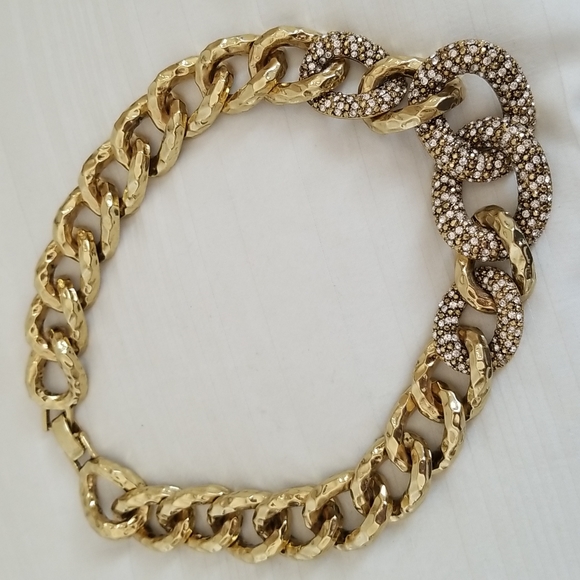 Chunky Gold Hammered Rhinestone Large Link Statement Necklace - Picture 2 of 5